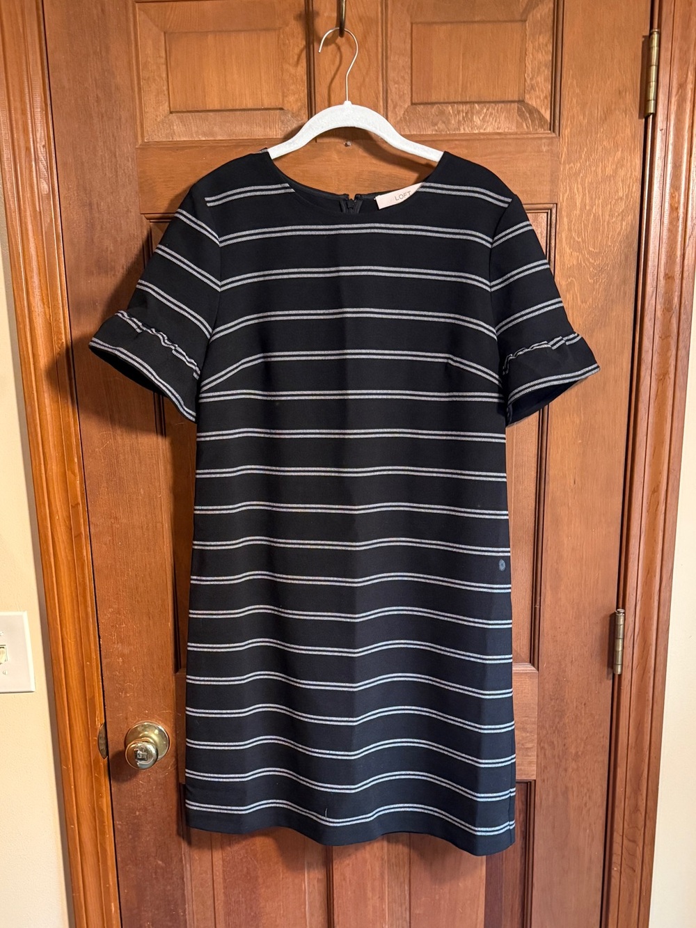 LOFT Black and White Striped Short Sleeve Shift Dress